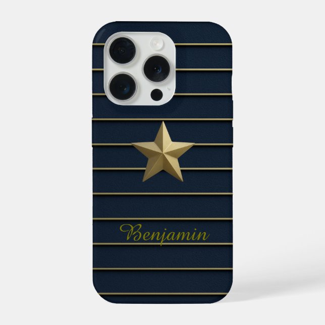 Coque iPhone Gold Star sur Navy Blue iPhone 15 Pro Coque (Verso)