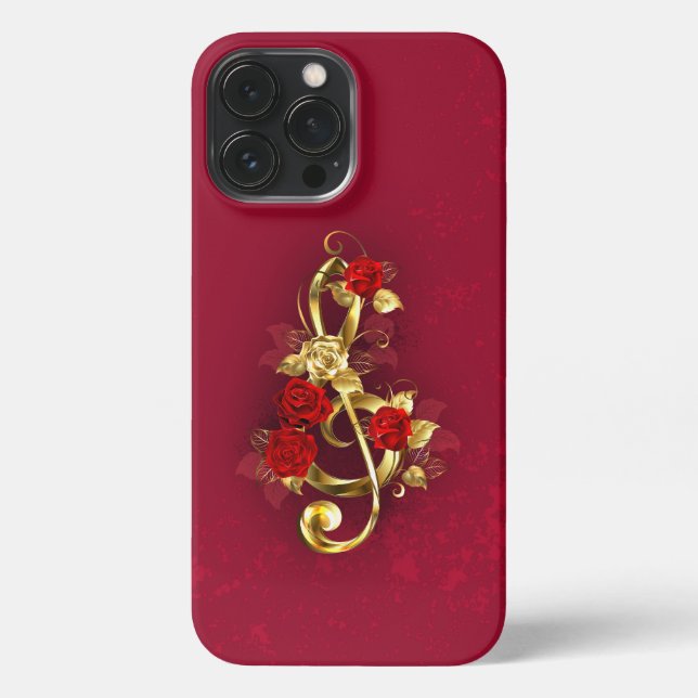 Coque iPhone Golden Treble Clef avec fleurs Roses (Verso)