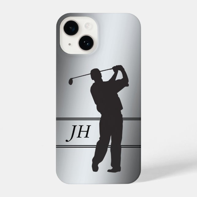 Coque iPhone Golfeur noir en silhouette sur monogramme argenté (Verso)