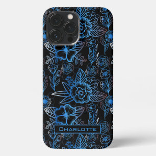 Etui iPhone 13 Pro Max Grand motif fleuri bleu nom personnalisé