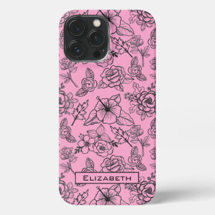 Etui iPhone 13 Pro Max Grand motif fleuri rose nom personnalisé
