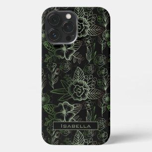 Etui iPhone 13 Pro Max Grand motif fleuri vert nom personnalisé