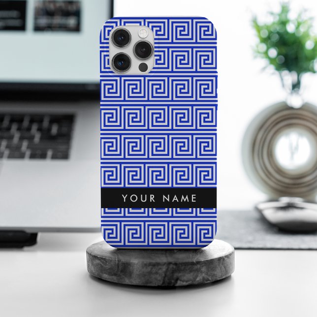 Coque iPhone Grec Meander Key Blue, Votre Nom, Personnaliser (Créateur téléchargé)