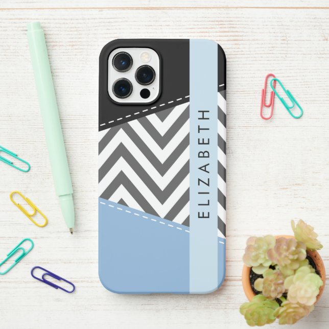 Coque iPhone Grey Zigzag, Grey Chevron, Bleu, Votre Nom (Sur le bureau)