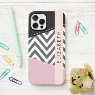 Coque iPhone 12 Pro Grey Zigzag, Grey Chevron, Rose, Votre Nom