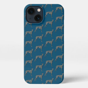 Etui iPhone 13 Grille silhouette de chien gris-blanc