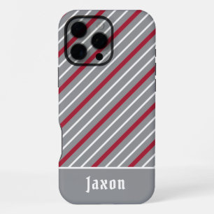 Coque iPhone 16 Pro Max Gris minimaliste avec rayures rouge foncé et blanc