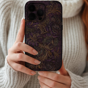 Coque iPhone 16 Pro Max Grunge foncé esthétique Gothique Violet Or Floral