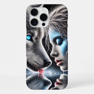 Coque iPhone 16 Pro Max Guerrière indienne native et loup au clair de lune