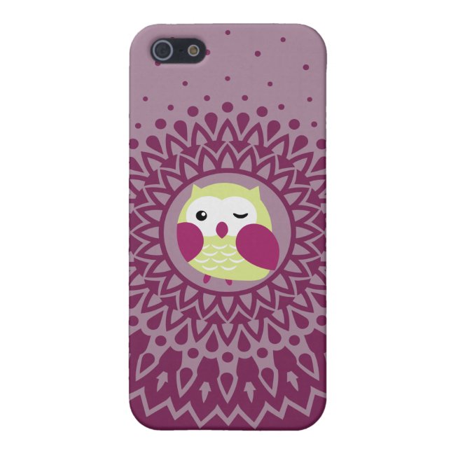 Coque iPhone Hibou vert mignon dans le motif pourpre de (Dos)