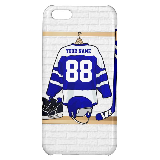 Coque iPhone Hockey sur glace bleu et blanc personnalisé Jersey (Dos)