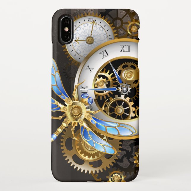 Coque iPhone Horloge à vapeur avec libellule mécanique (Dos)