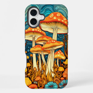 Coque iPhone 16 Plus Illustration artistique de champignons rétro en fo