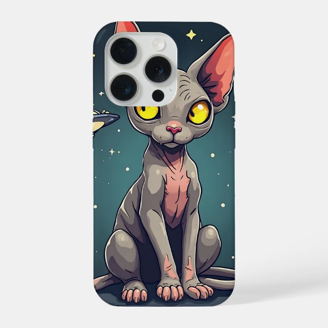 Coque iPhone Illustration de chat Sphynx UFO dans l'espace de s (Verso)