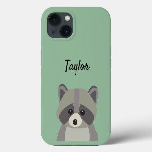 Etui iPhone 13 Illustration personnalisée de raton laveur vert mi