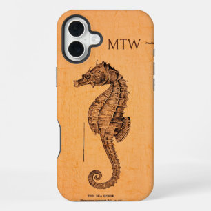 Coque iPhone 16 Plus Illustration vintage de l'hippocampe avec initiale