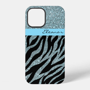 Coque iPhone 12 Imprimé animal Zèbre Paillettes Féminin Turquoise
