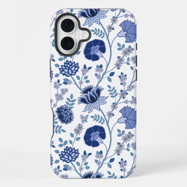 Coque iPhone Jacobean Floral Big Motif Blues sur blanc (Verso)