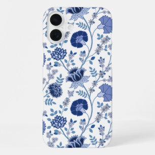 Coque iPhone 16 Plus Jacobean Floral Big Motif Blues sur blanc