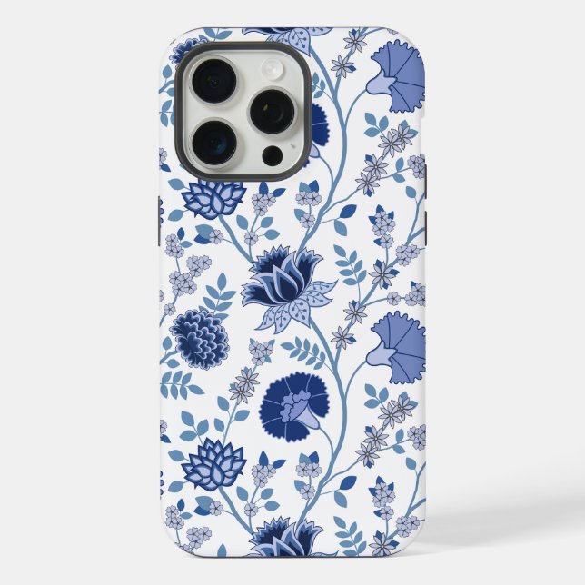 Coque iPhone Jacobean Floral Big Motif Blues sur blanc (Verso)