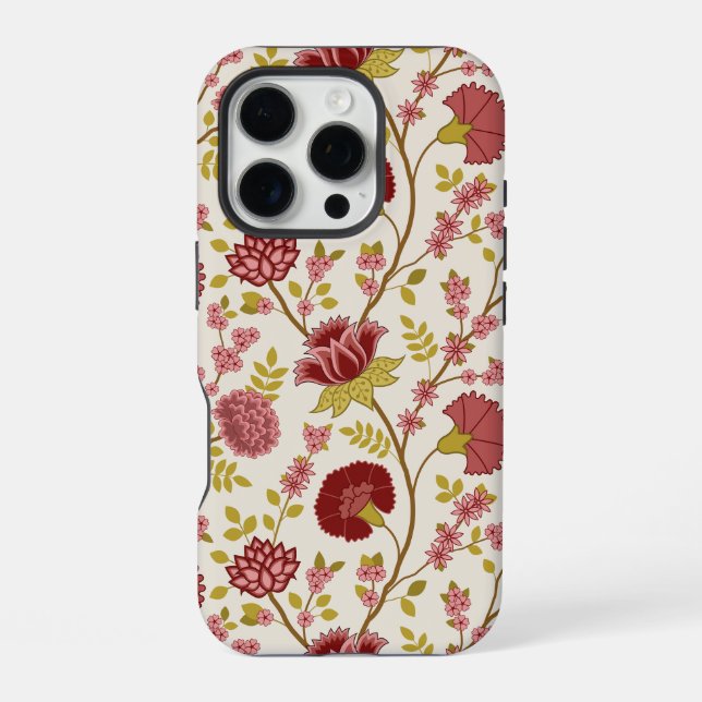 Coque iPhone Jacobean Floral Grand Motif Reds Pinks Gold Creme (Verso)