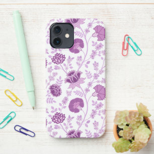 Coque iPhone 12 Jacobean Floral Grand Motif rose sur blanc