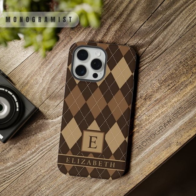 Coque iPhone Jacquard Brown au chocolat foncé et personnalisabl (Customizable Light Dark Chocolate Brown Argyle iPhone Case)
