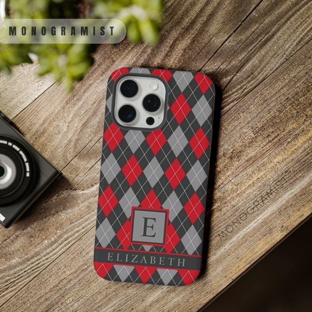 Coque iPhone Jacquard couleur gris-rouge noir personnalisable (Customizable Black Red Grey Color Argyle iPhone Case)