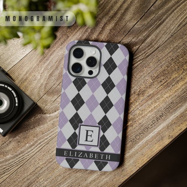 Coque iPhone Jacquard noir pourpre pourpre souple personnalisab (Customizable Soft Lavender Purple Black Argyle iPhone Case)