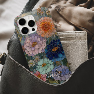 Coque iPhone 16 Pro Max Jardin Coloré Fleurs Vitrail Personnalisé