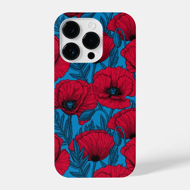 Coque iPhone Jardin de pavot rouge sur bleu (Verso)