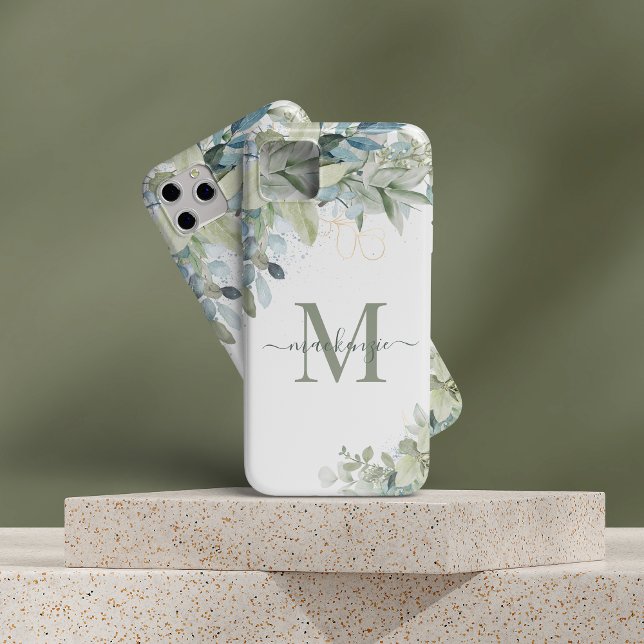 Coque iPhone Joli Eucalyptus Botanique Monogramme Floral (Créateur téléchargé)