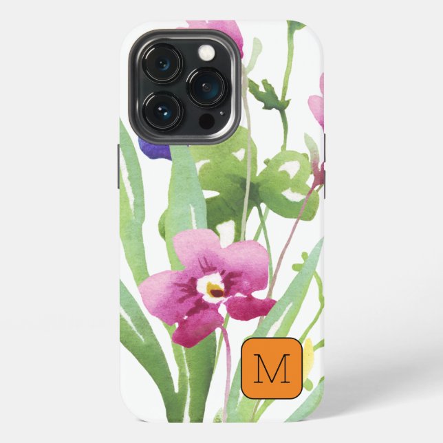 Coque iPhone Joli initial avec bordure Aquarelle rose vert (Dos)