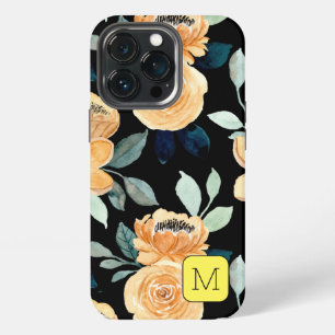 Etui iPhone 13 Pro Joli motif floral noir Beige bleu initial