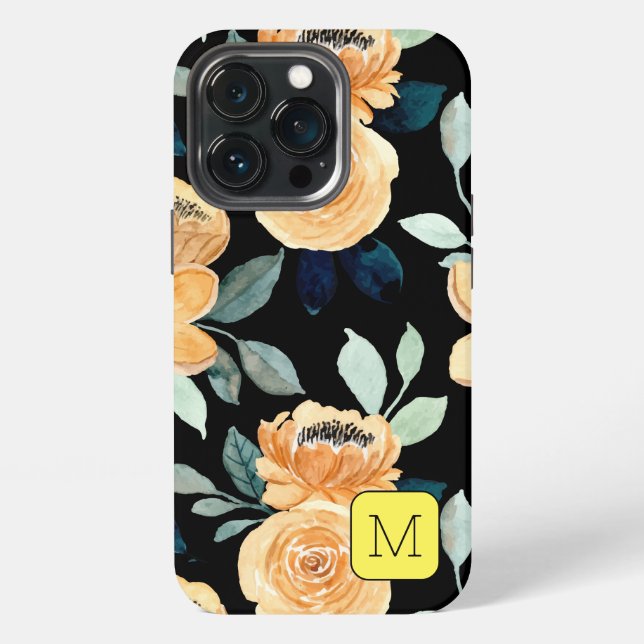 Coque iPhone Joli motif floral noir Beige bleu initial (Dos)