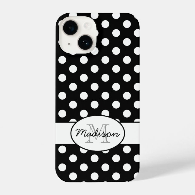 Coque iPhone Joli noir blanc pois rétro motif Monogramme (Verso)