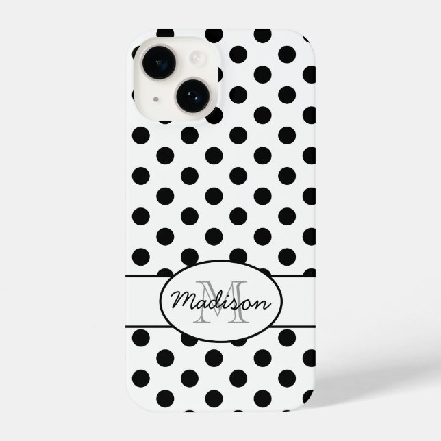 Coque iPhone Joli noir blanc pois rétro motif Monogramme (Verso)