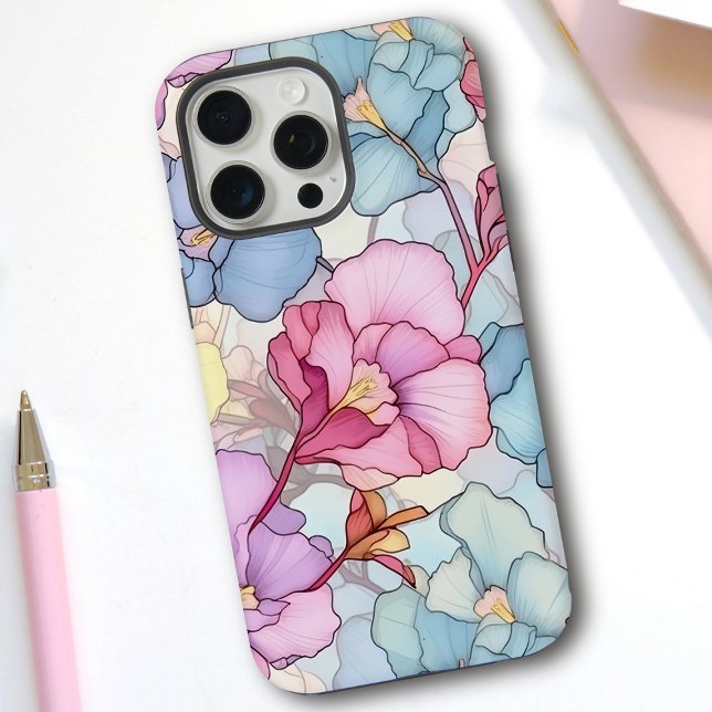 Coque iPhone Joli Pastel Floral Verre Rose & Bleu (Créateur téléchargé)