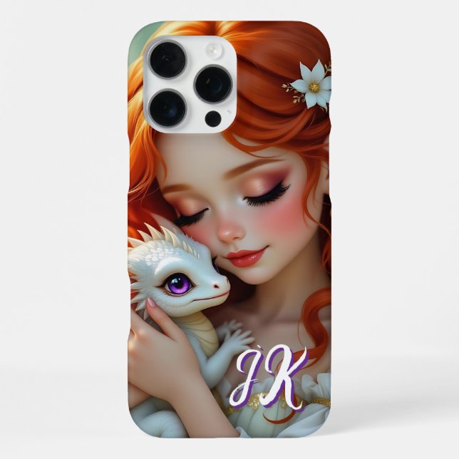 Coque iPhone Jolie fée aux cheveux roux avec monogramme Dragon (Verso)