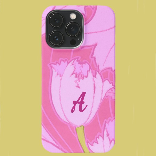 Coque iPhone Jolie Tulipe rose florale avec Monogram Feminine (Créateur téléchargé)