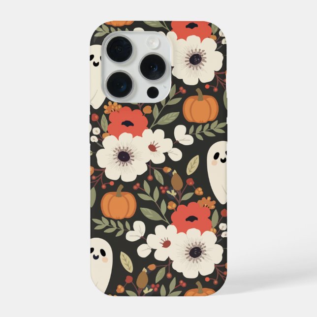 Coque iPhone Jolis Fantômes de Dessin Animé Fleurs Citrouilles  (Verso)