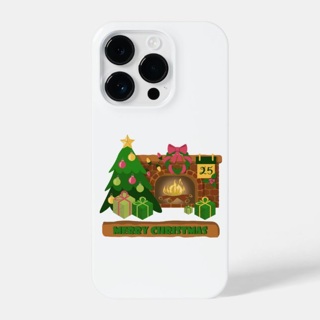 Coque iPhone Joyeux Noël près de la cheminée bonfire xmas arbre (Verso)