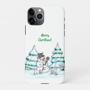 Coque iPhone 11Pro Joyeux Noël ! Snowman avec chat et chiot