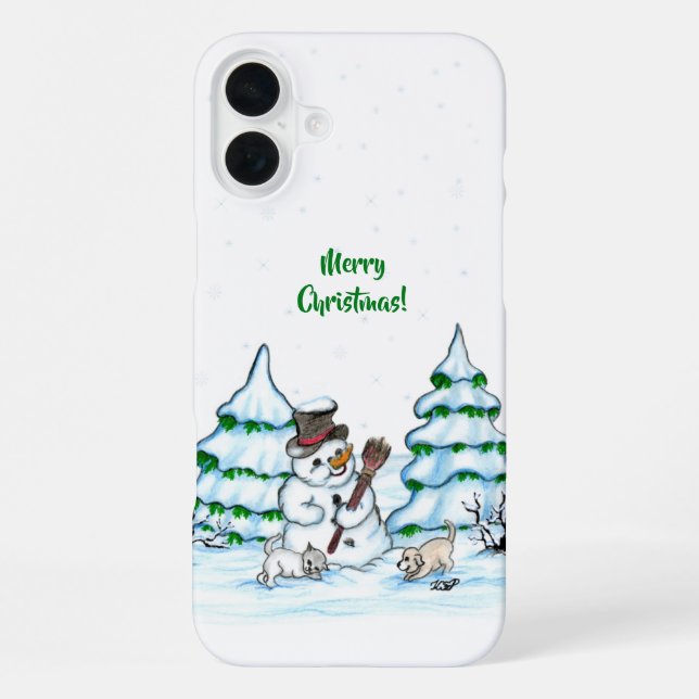 Coque iPhone Joyeux Noël ! Snowman avec chat et chiot (Verso)