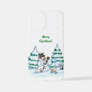 Coque iPhone 12 Mini Joyeux Noël ! Snowman avec chat et chiot