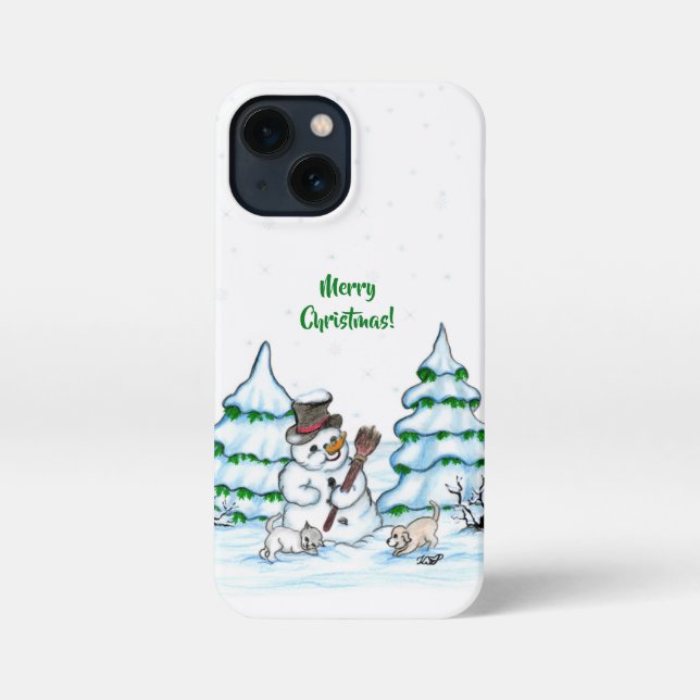 Coque iPhone Joyeux Noël ! Snowman avec chat et chiot (Verso)