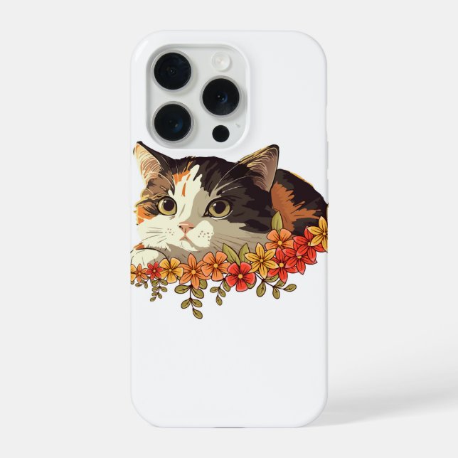 Coque iPhone Kawaii Calico Cat Floral Peeking Art (Verso)