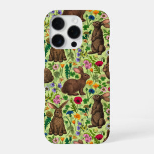 Coque iPhone 16 Pro Lapins et fleurs sauvages sur fond vert melon