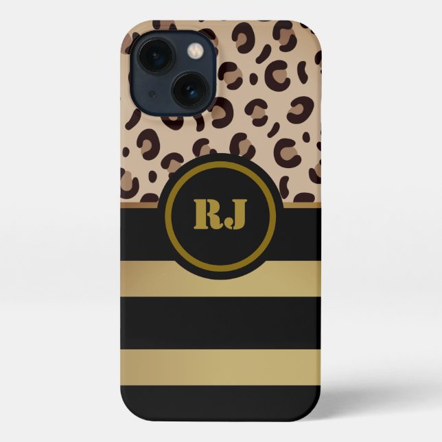 Coque iPhone Léonard moderne Imprimé or noir rayures Monogramme (Verso)
