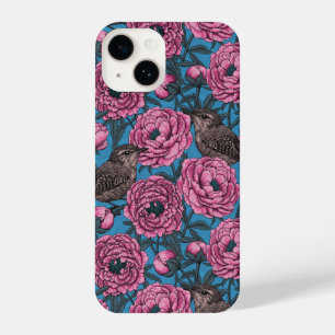 Coque Pour iPhone 14 Les pivoines et les brindilles sur le bleu
